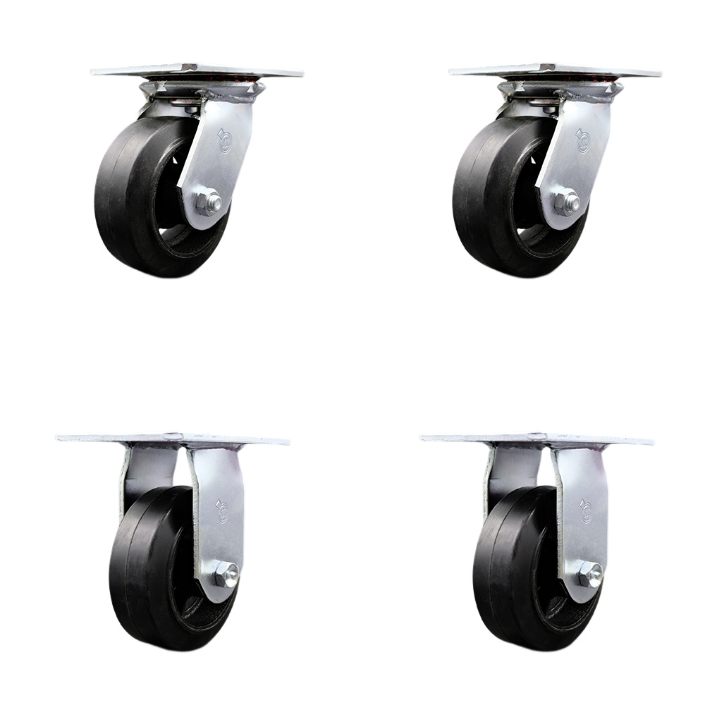 SCC-35S520-RSR-2-R-2 Heavy Duty Large Top Plate Rubber on Cast Iron Swivel Caster with 5 x 2 in. Black Wheels - 1600 lbs Total Capacity - Set of 4