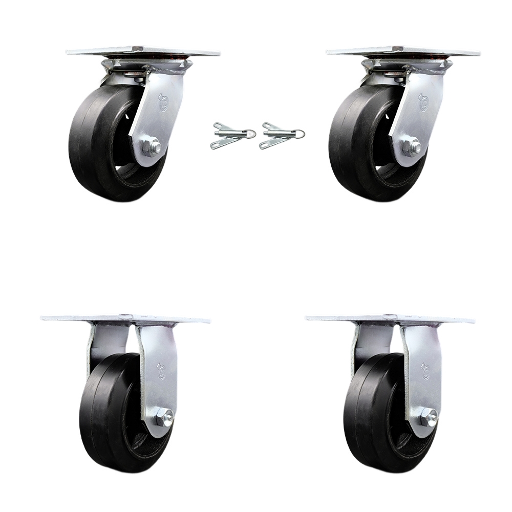 Heavy Duty Large Top Plate Rubber on Cast Iron Swivel Caster with 5 x 2 in. Black Wheels - 1600 lbs Total Capacity - Set of 4
