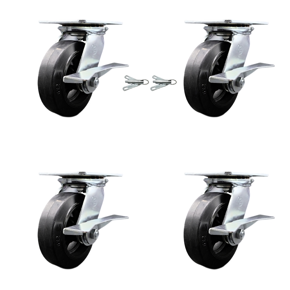 Heavy Duty Large Top Plate Rubber on Cast Iron Swivel Caster with 6 x 2 in. Black Wheels - 1800 lbs Capacity - Set of 4