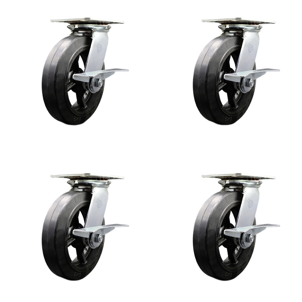 SCC-35S820-RSR-SLB-4 Heavy Duty Large Top Plate Rubber on Cast Iron Swivel Caster with 8 x 2 in. Black Wheels - 2000 lbs Total Capacity - Set of 4