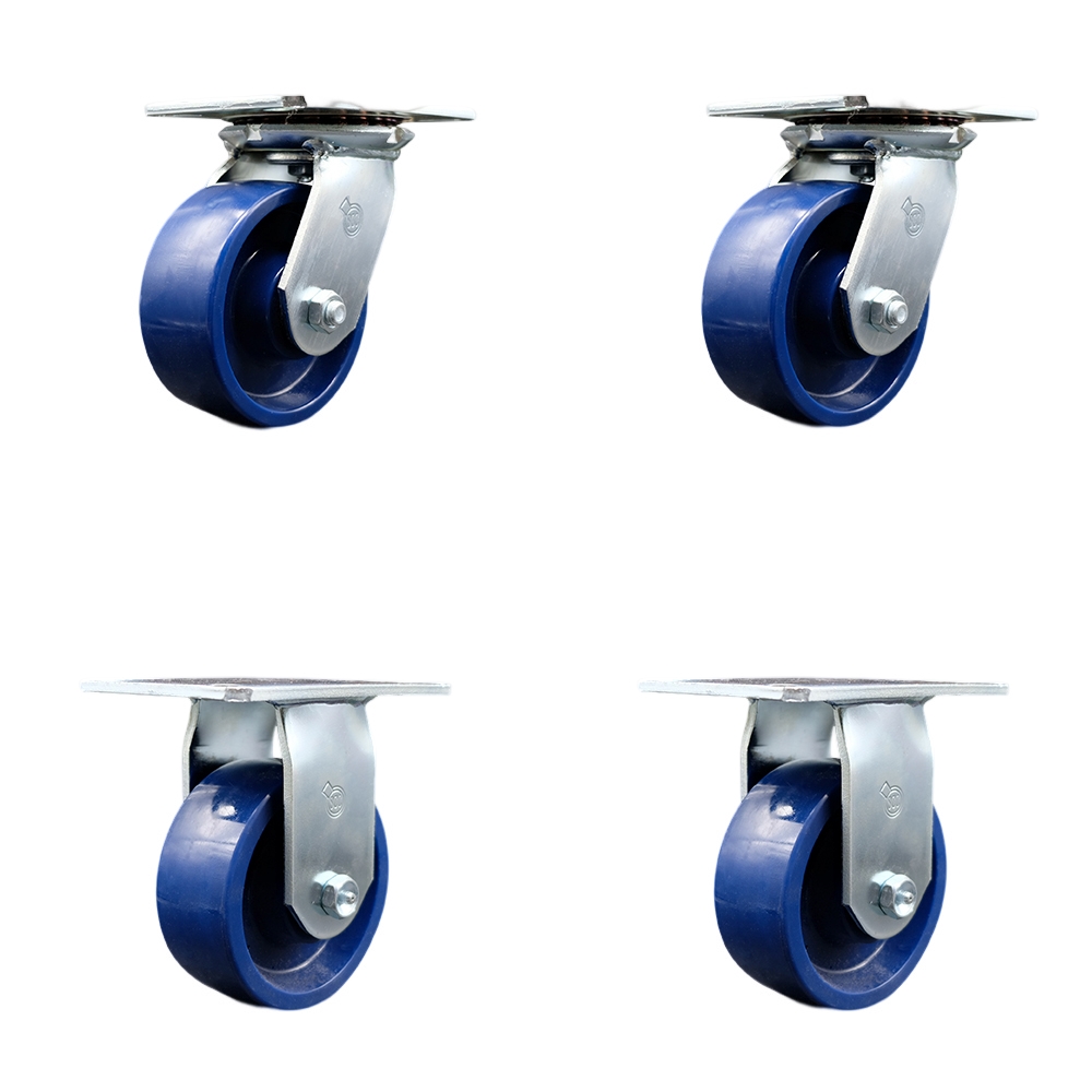 SCC-35S520-SPUR-2-R-2 Heavy Duty Large Top Plate Solid Polyurethane Swivel Caster with 5 x 2 in. Blue Wheels - 4000 lbs Total Capacity - Set of 4