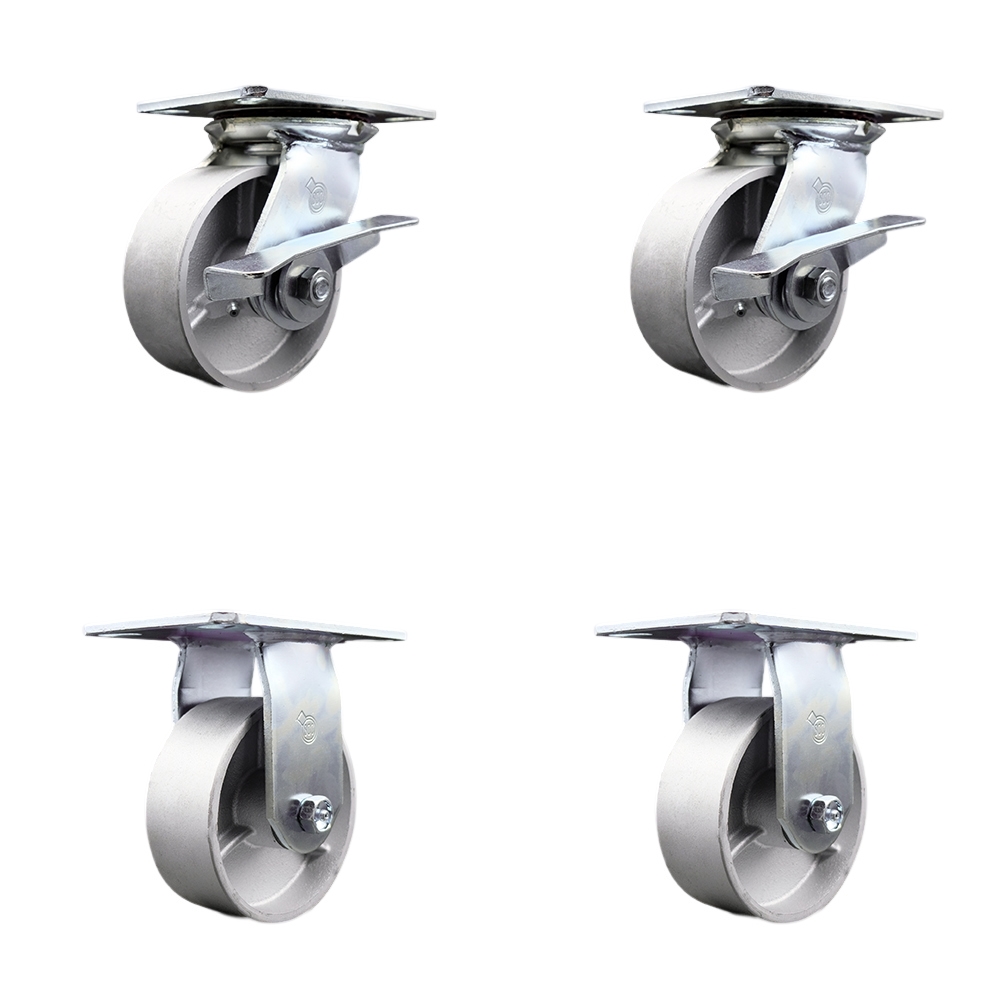 Heavy Duty Large Top Plate Semi Steel Cast Iron Swivel Caster with 5 x 2 in. Silver Wheels - 4000 lbs Total Capacity - Set of 4