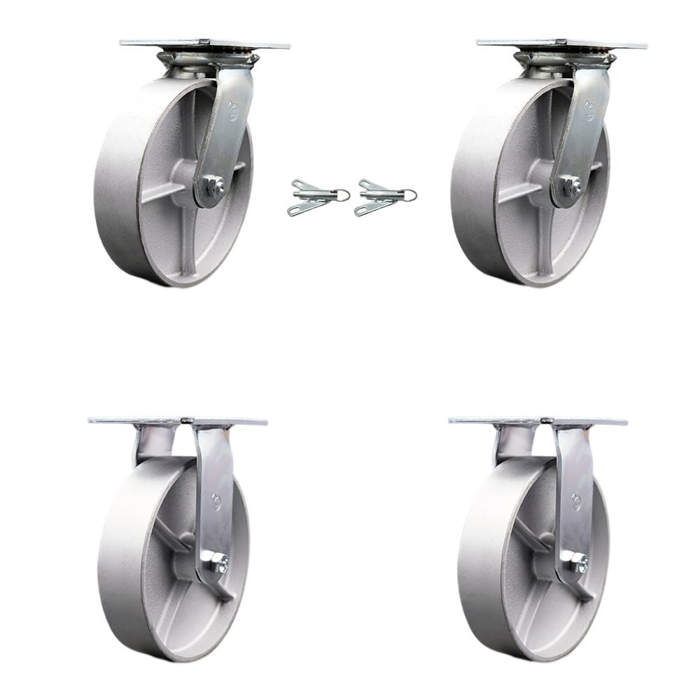 Heavy Duty Large Top Plate Semi Steel Cast Iron Swivel Caster with 8 x 2 in. Silver Wheels - 5000 lbs Total Capacity - Set of 4
