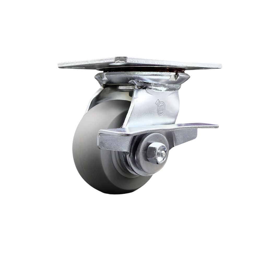 Heavy Duty Large Top Plate Thermo Rubber Donut Tread Swivel Caster with 4 x 2 in. Gray Wheel & Side Lock Brake - 300 lbs Capacity per Caster