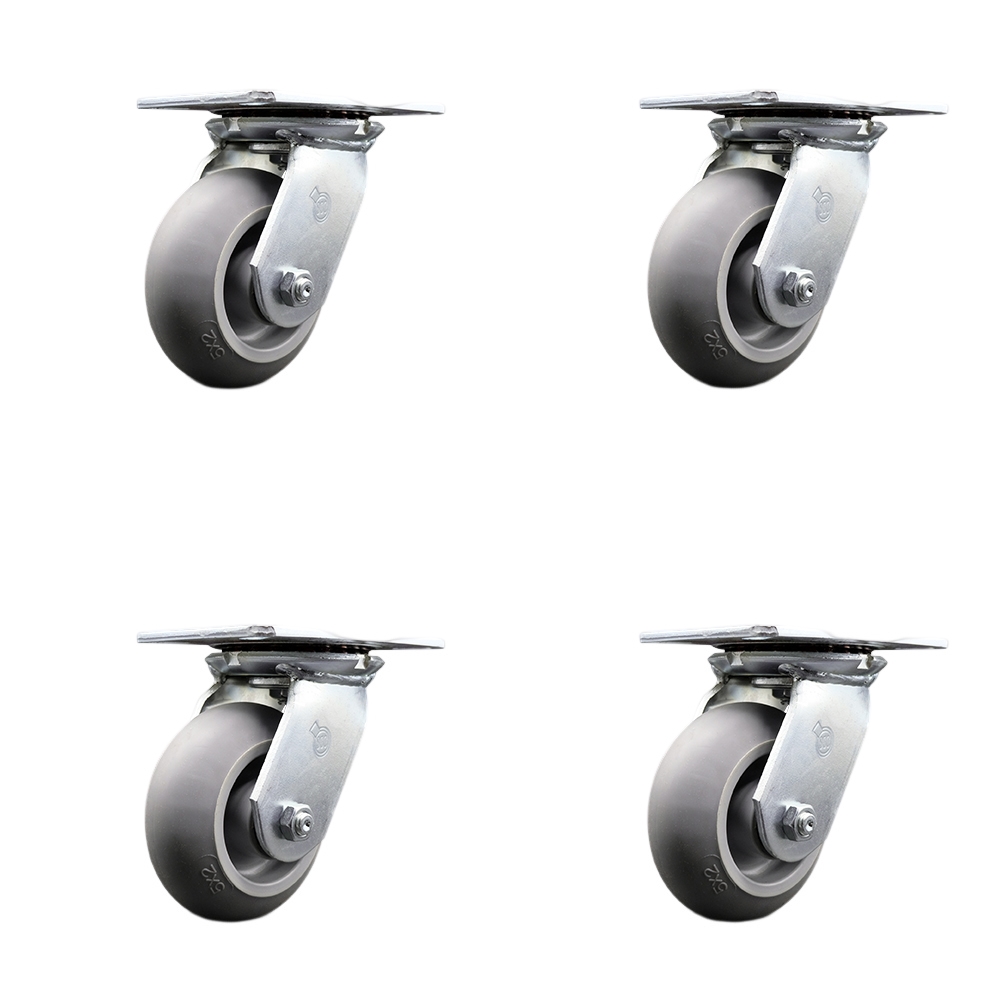 Heavy Duty Large Top Plate Thermo Rubber Donut Tread Swivel Caster with 5 x 2 in. Gray Wheels - 1400 lbs Total Capacity - Set of 4