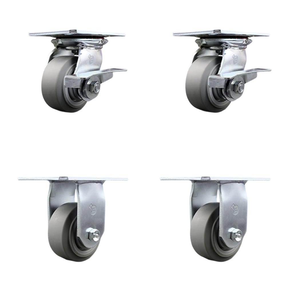 Heavy Duty Large Top Plate Thermo Rubber Flat Tread Swivel Caster with 4 x 2 in. Gray Wheels - 1200 lbs Total Capacity - Set of 4