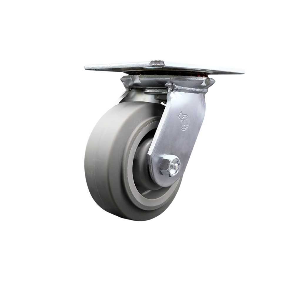 SCC-35S520-TPRRF Heavy Duty Large Top Plate Thermo Rubber Flat Tread Swivel Caster with 5 x 2 in. Gray Wheel - 350 lbs Capacity per Caster