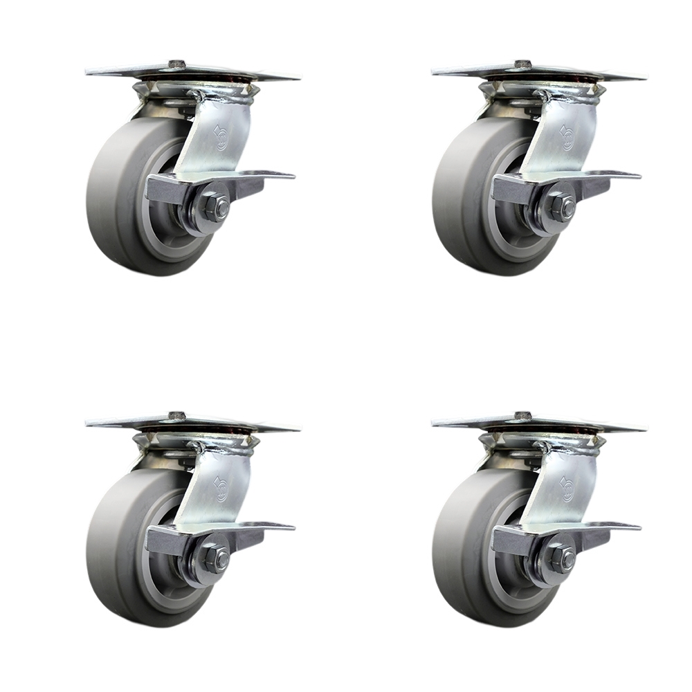 Heavy Duty Large Top Plate Thermo Rubber Flat Tread Swivel Caster with 5 x 2 in. Gray Wheels - 1400 lbs Total Capacity - Set of 4