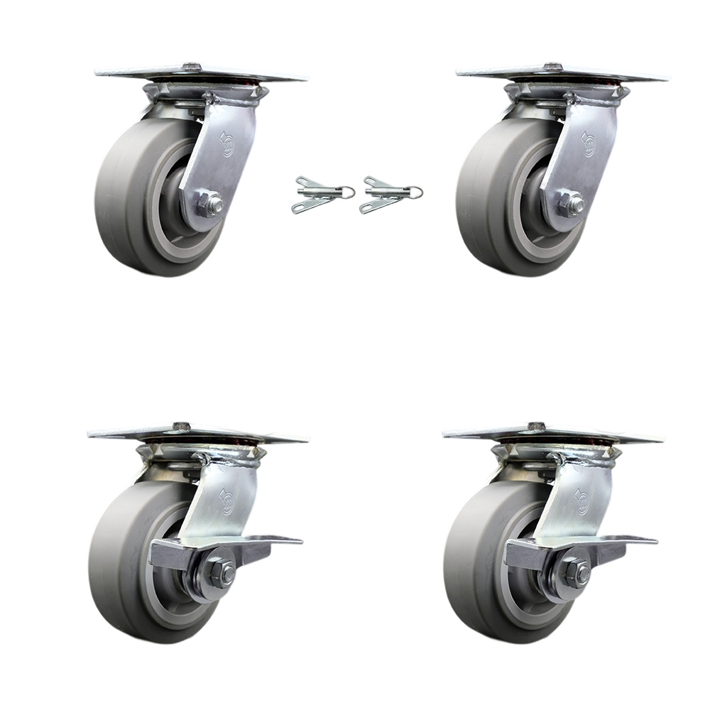 Heavy Duty Large Top Plate Thermo Rubber Flat Tread Swivel Caster with 5 x 2 in. Gray Wheels - 1400 lbs Capacity - Set of 4