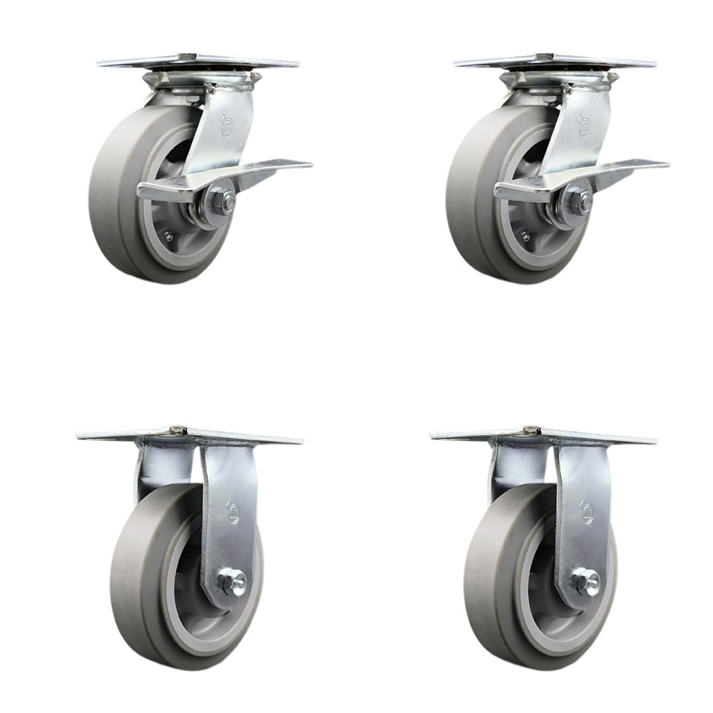 Heavy Duty Large Top Plate Thermo Rubber Flat Tread Swivel Caster with 6 x 2 in. Gray Wheels - 2000 lbs Total Capacity - Set of 4