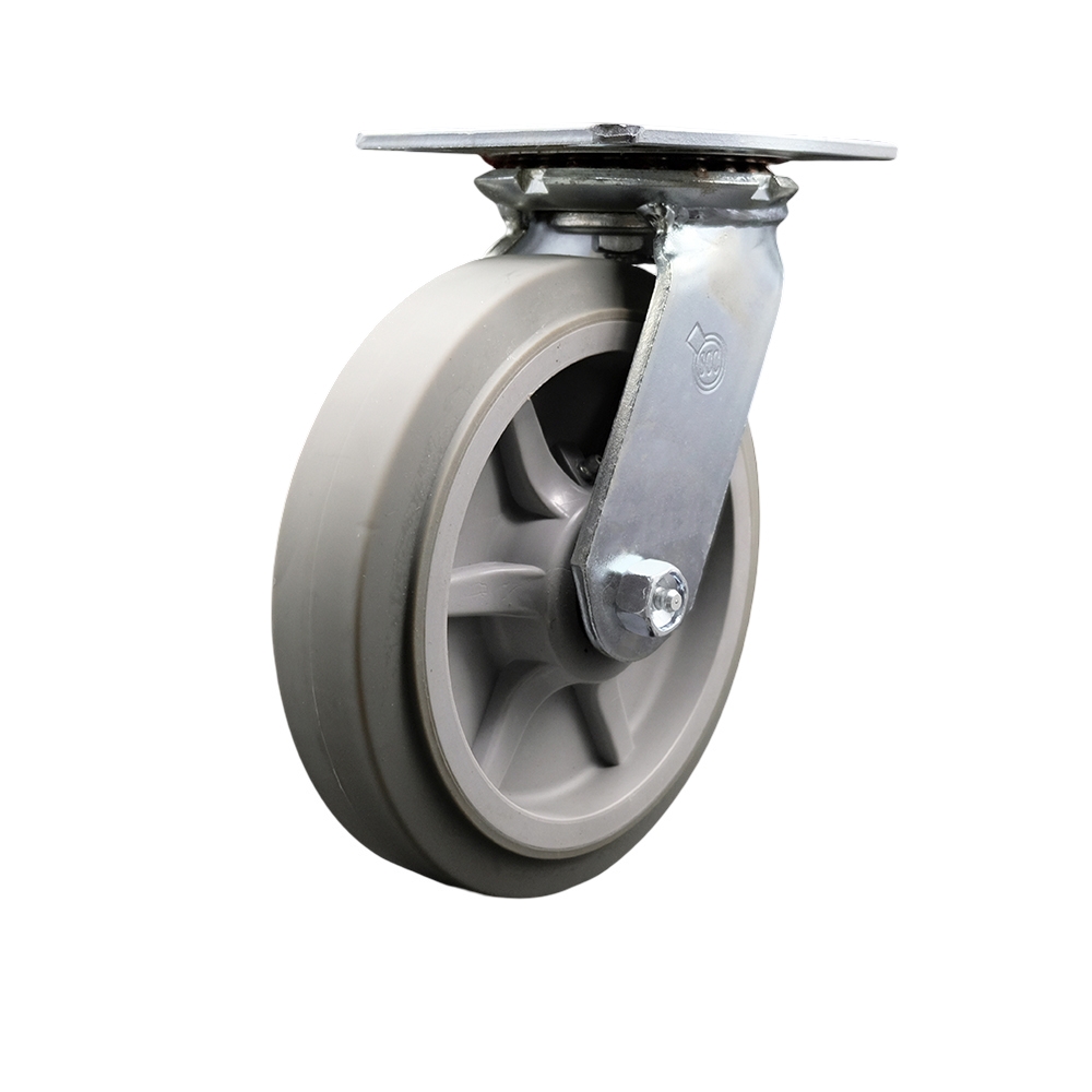 SCC-35S820-TPRRF Heavy Duty Large Top Plate Thermo Rubber Flat Tread Swivel Caster with 8 x 2 in. Gray Wheel - 600 lbs Capacity per Caster