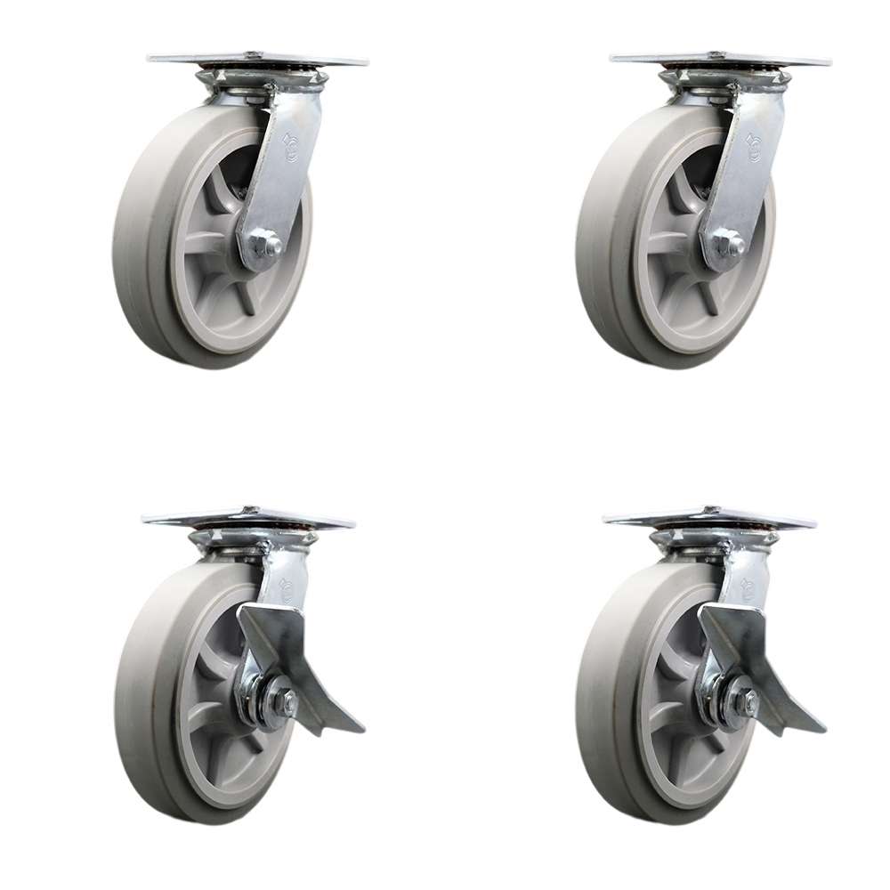 Heavy Duty Large Top Plate Thermo Rubber Flat Tread Swivel Caster with 8 x 2 in. Gray Wheels - 2400 lbs Total Capacity - Set of 4