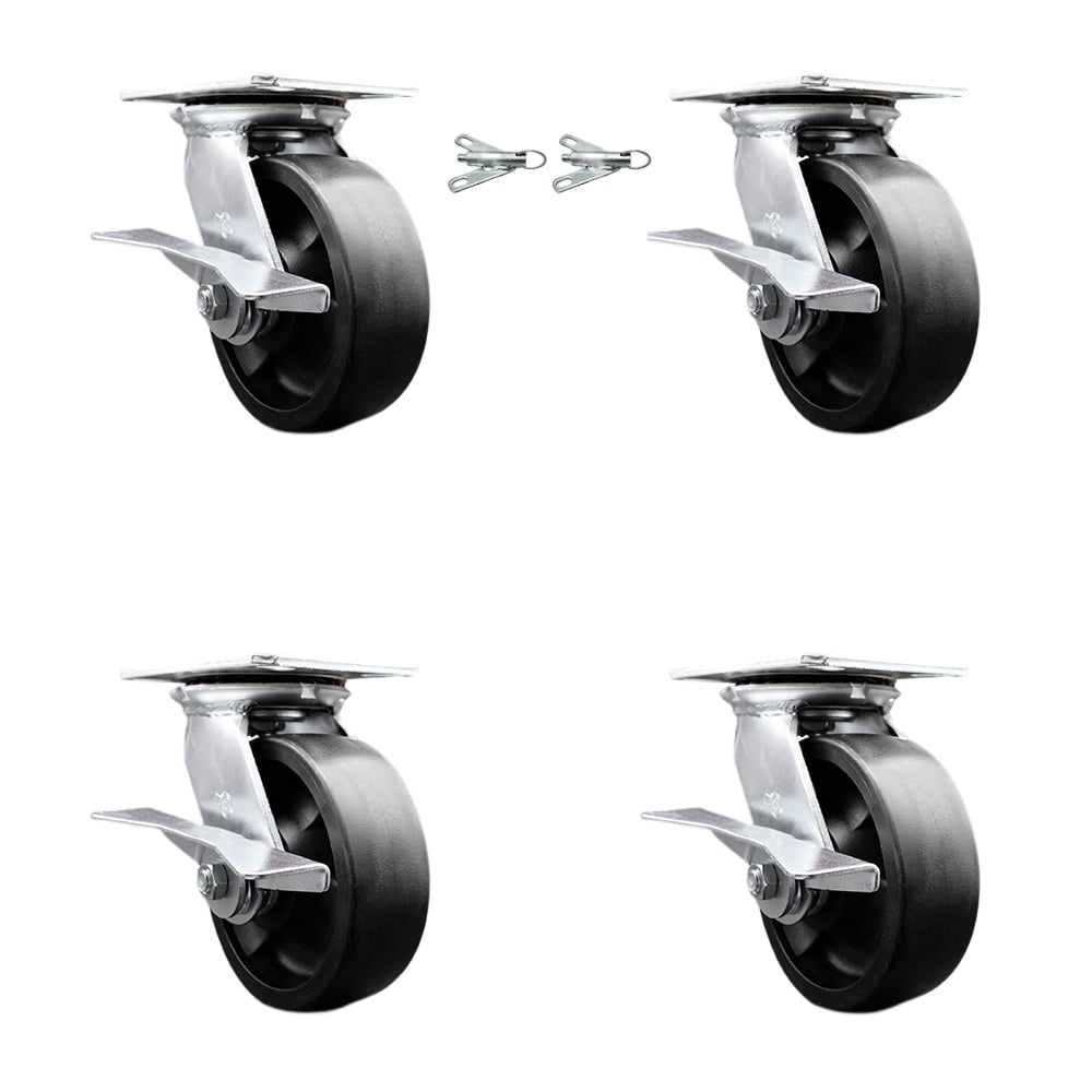 Heavy Duty Large Top Plate Glass Filled Nylon Swivel Caster with 6 x 2 in. Black Wheels - 6000 lbs Capacity - Set of 4