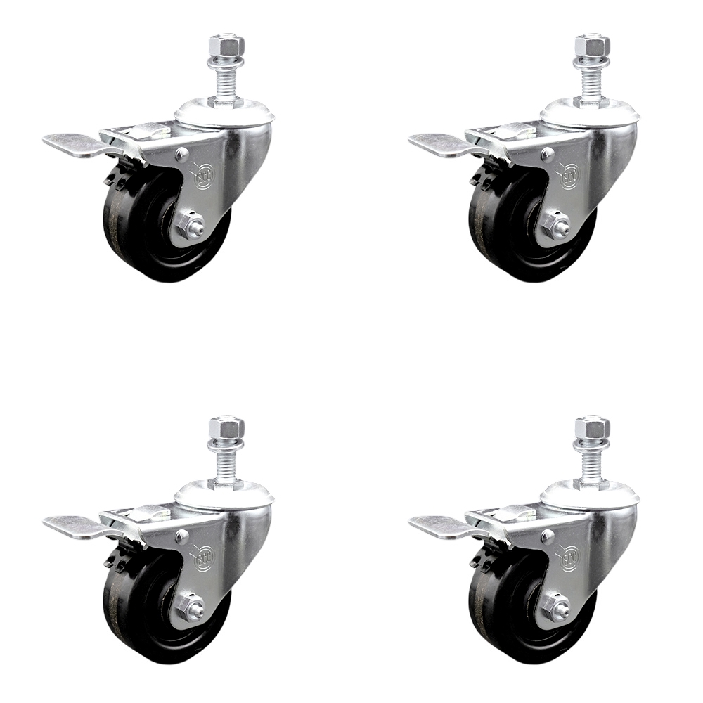 SCC-TSTTL20S314-PHR-121315-4 Phenolic Swivel Threaded Stem Caster with Roller Bearing with 3 x 1.25 in. Black Wheels & 0.5 in. Stems - Set of 4