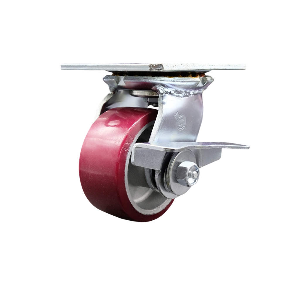 Heavy Duty Large Top Plate Polyurethane on Aluminum Swivel Caster with 4 x 2 in. Maroon Wheel & Side Lock Brake - 700 lbs Capacity per Caster