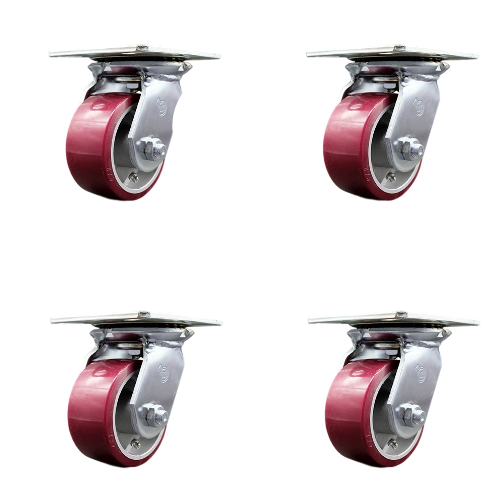 Heavy Duty Large Top Plate Polyurethane on Aluminum Swivel Caster with 4 x 2 in. Maroon Wheels - 2800 lbs Total Capacity - Set of 4