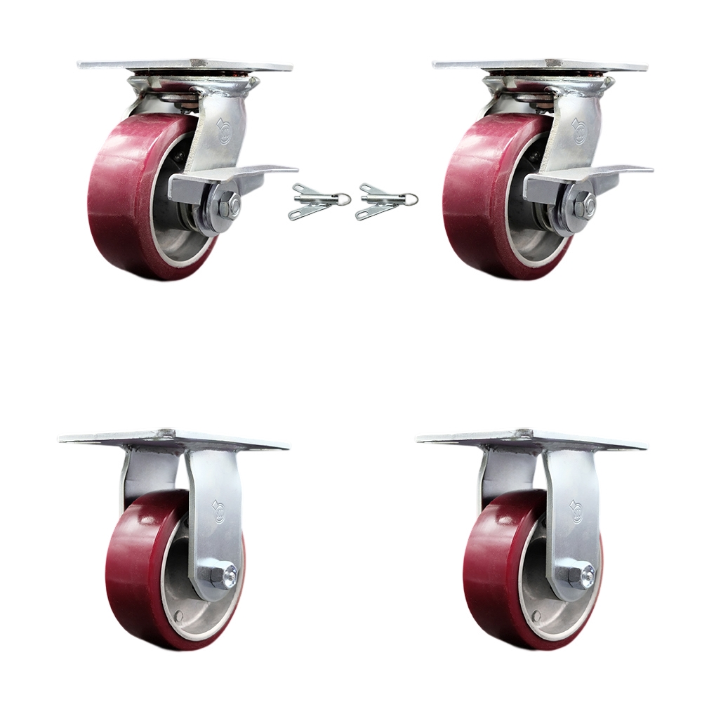 Heavy Duty Large Top Plate Polyurethane on Aluminum Swivel Caster with 5 x 2 in. Maroon Wheels - 3600 lbs Capacity - Set of 4