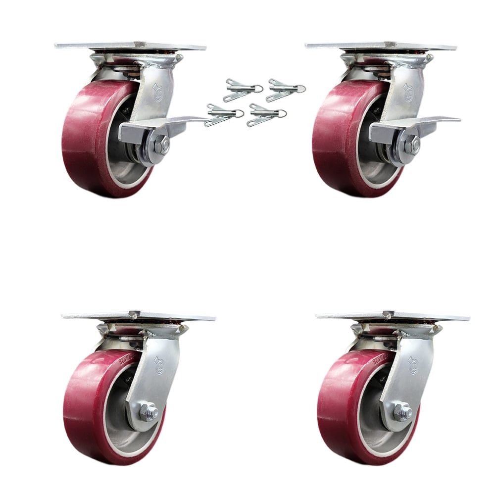 SCC-35S520-PAR-SLB-BSL-2-BSL-2 Heavy Duty Large Top Plate Poly on Aluminum Swivel Caster with 5 x 2 in. Maroon Wheels - 3600 lbs Capacity - Set of 4