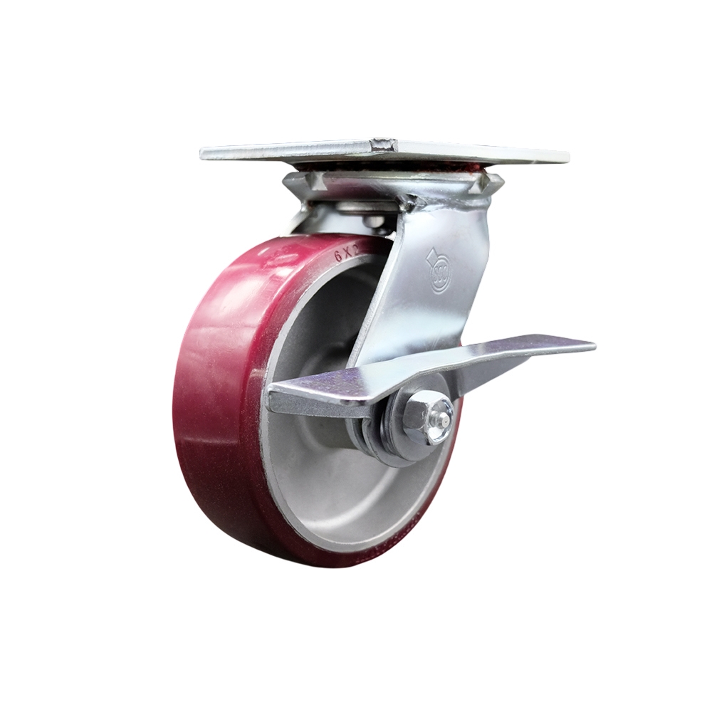 Heavy Duty Large Top Plate Polyurethane on Aluminum Swivel Caster with 6 x 2 in. Maroon Wheel & Side Lock Brake - 1200 lbs Capacity per Caster