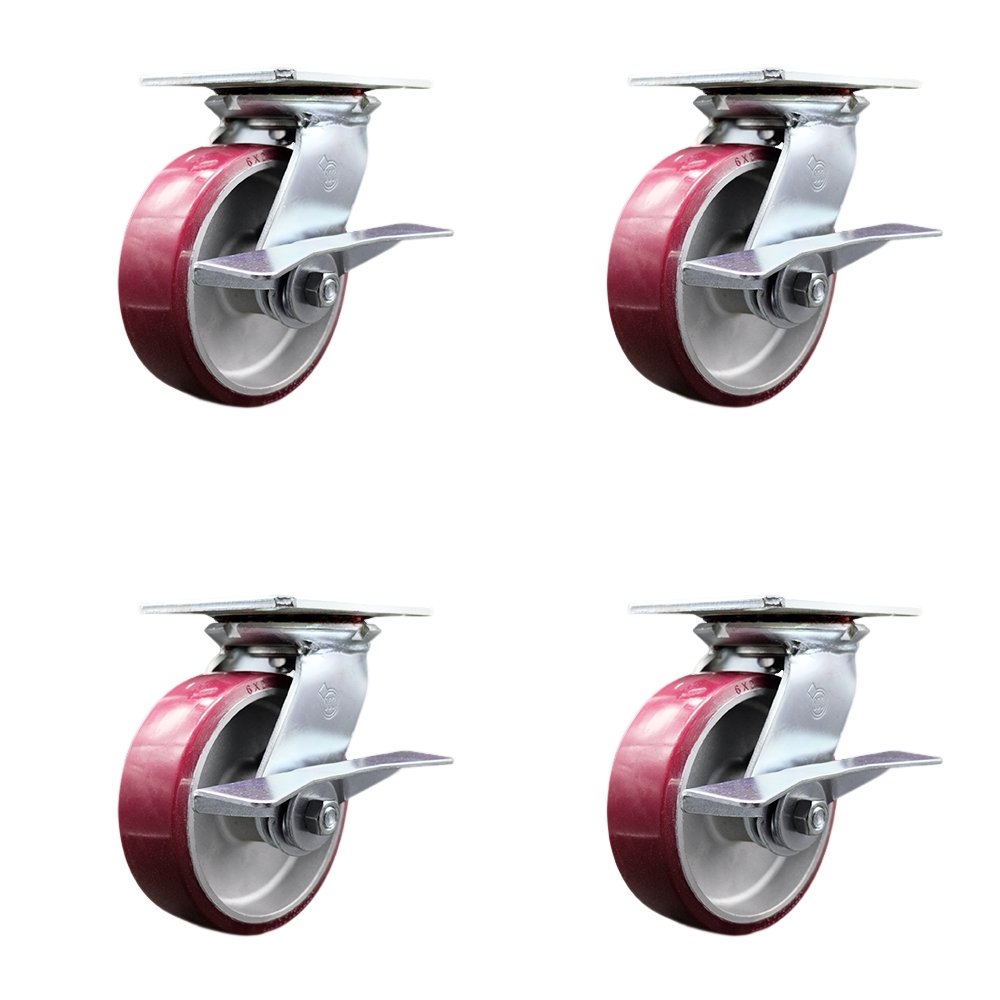 Heavy Duty Large Top Plate Polyurethane on Aluminum Swivel Caster with 6 x 2 in. Maroon Wheels - 4800 lbs Total Capacity - Set of 4