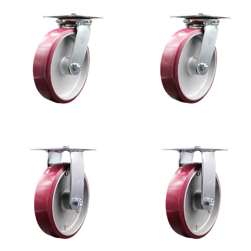 Heavy Duty Large Top Plate Polyurethane on Aluminum Swivel Caster with 8 x 2 in. Maroon Wheels - 5000 lbs Total Capacity - Set of 4
