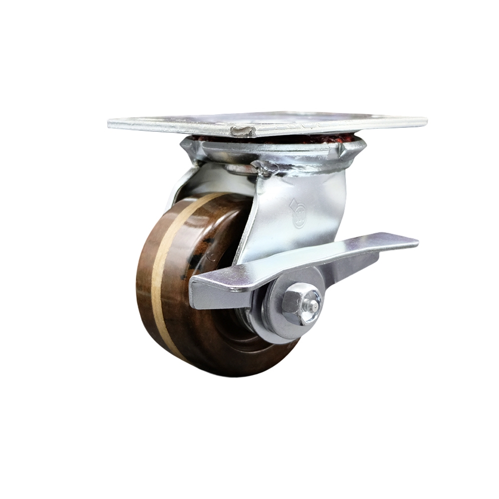Heavy Duty Large Top Plate High Temperature Phenolic Swivel Caster with 4 x 2 in. Brown Wheel & Side Lock Brake - 800 lbs Capacity per Caster
