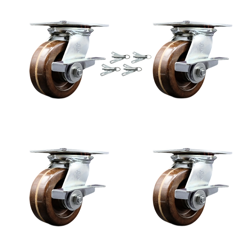 Heavy Duty Large Top Plate High Temperature Phenolic Swivel Caster with 5 x 2 in. Brown Wheels - 4000 lbs Total Capacity - Set of 4