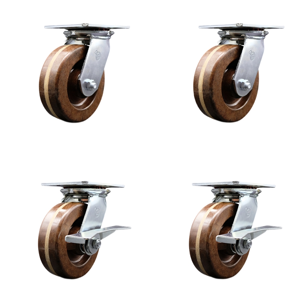 Heavy Duty Large Top Plate High Temperature Phenolic Swivel Caster with 6 x 2 in. Brown Wheels - 4800 lbs Capacity - Set of 4