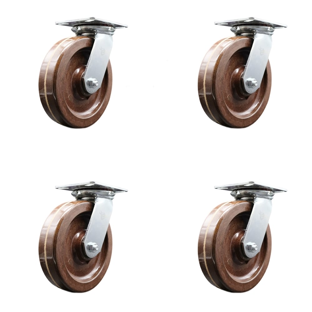 Heavy Duty Large Top Plate High Temperature Phenolic Swivel Caster with 8 x 2 in. Brown Wheels - 5000 lbs Total Capacity - Set of 4