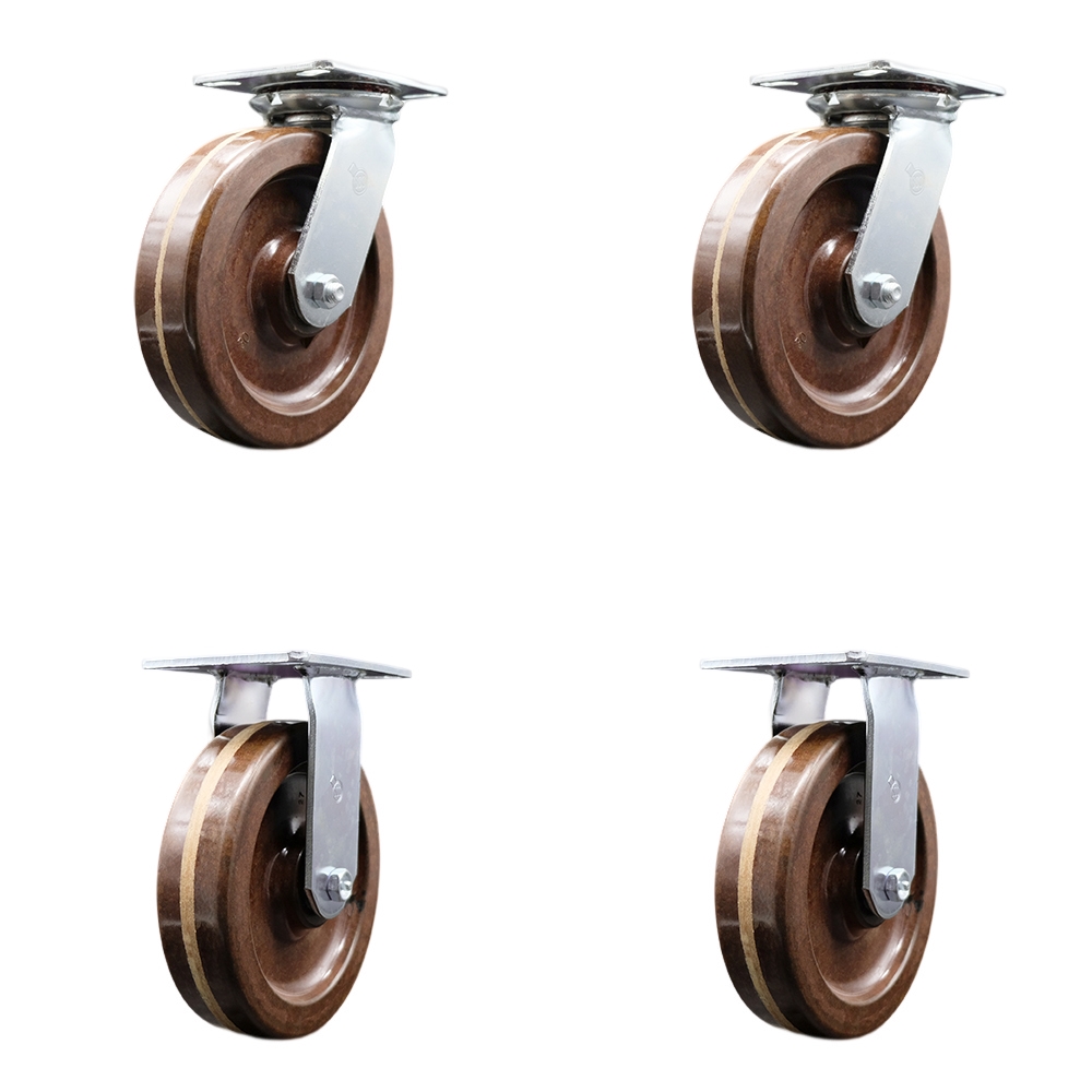 Heavy Duty Large Top Plate High Temperature Phenolic Swivel Caster with 8 x 2 in. Brown Wheels - 5000 lbs Total Capacity - Set of 4