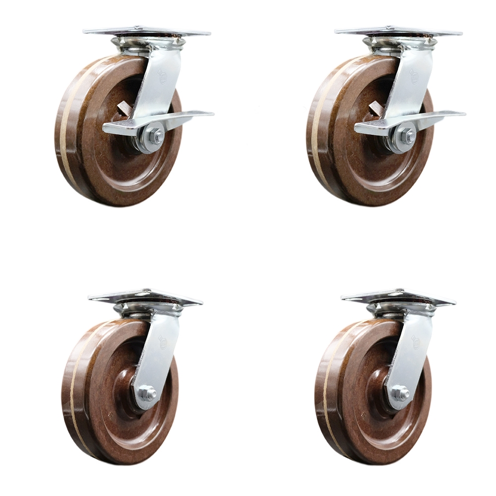 Heavy Duty Large Top Plate High Temperature Phenolic Swivel Caster with 8 x 2 in. Brown Wheels - 5000 lbs Capacity - Set of 4