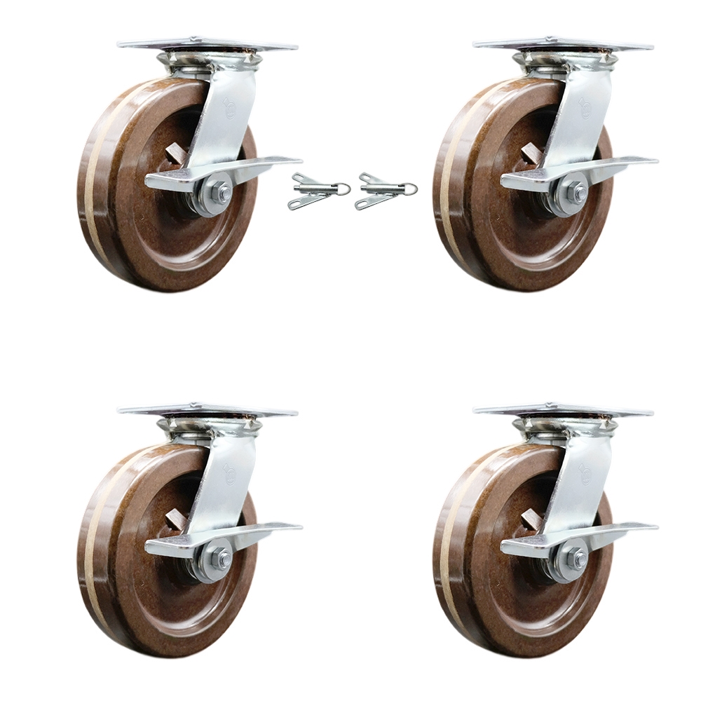 Heavy Duty Large Top Plate High Temperature Phenolic Swivel Caster with 8 x 2 in. Brown Wheels - 5000 lbs Capacity - Set of 4