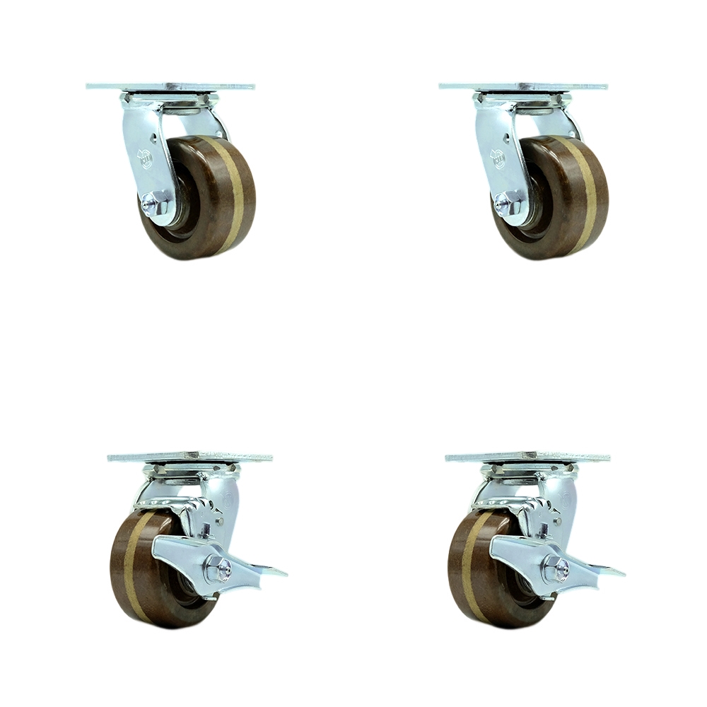 SCC-30CS420-PHRHT-2-TLB-2 High Temperature Phenolic Swivel Top Plate Casters, Heavy Duty with 4 in. Wheels - 3200 lbs Total Capacity - Set of 4