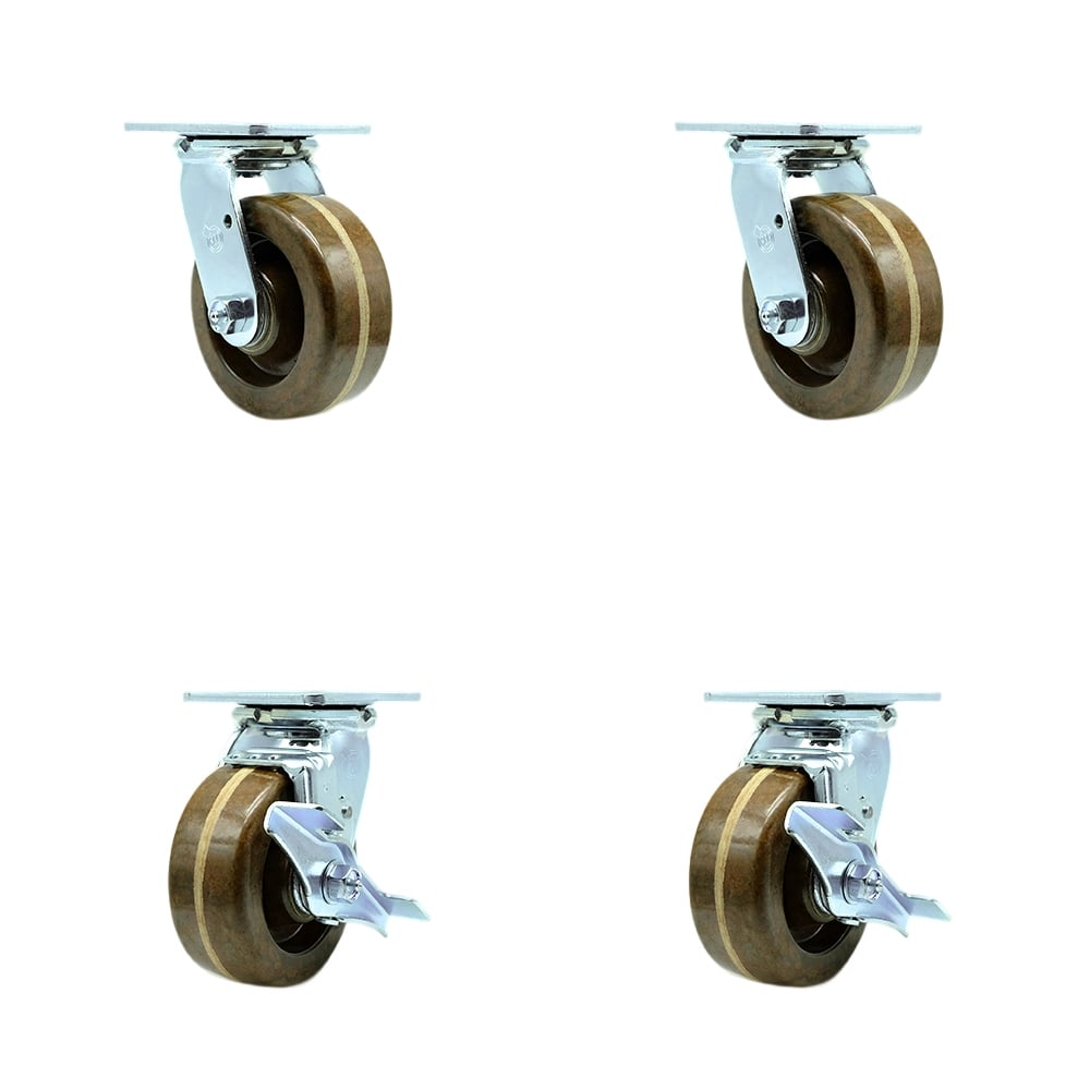 SCC-30CS520-PHRHT-2-TLB-2 High Temperature Phenolic Swivel Top Plate Casters, Heavy Duty with 5 in. Wheels - 4000 lbs Total Capacity - Set of 4