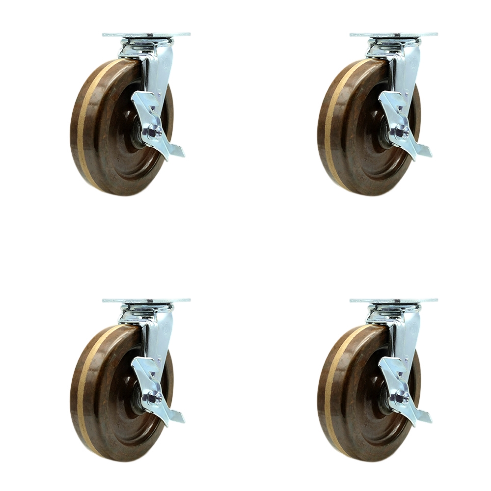 SCC-30CS820-PHRHT-TLB-4 High Temperature Phenolic Swivel Top Plate Casters, Heavy Duty with 8 in. Wheels - 5000 lbs Total Capacity - Set of 4
