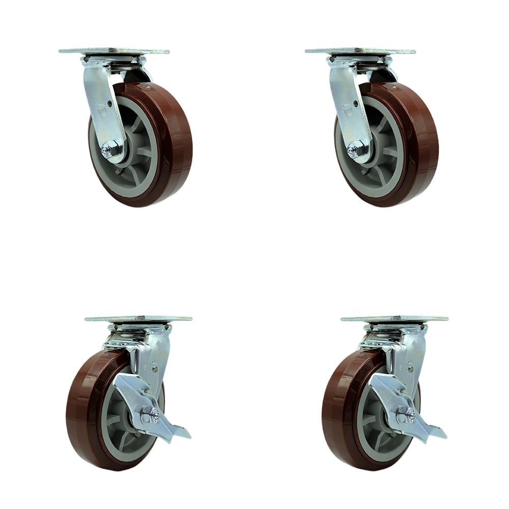 SCC-30CS620-PPUR-2-TLB-2 Polyurethane Swivel Top Plate Casters, Heavy Duty with 6 in. Wheels - 3600 lbs Total Capacity - Set of 4