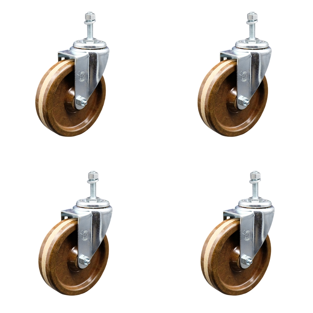 High Temperature Phenolic Swivel Threaded Stem Caster with Roller Bearing with 5 x 1.25 in. Brown Wheels & 0.38 in. Stems - Set of 4