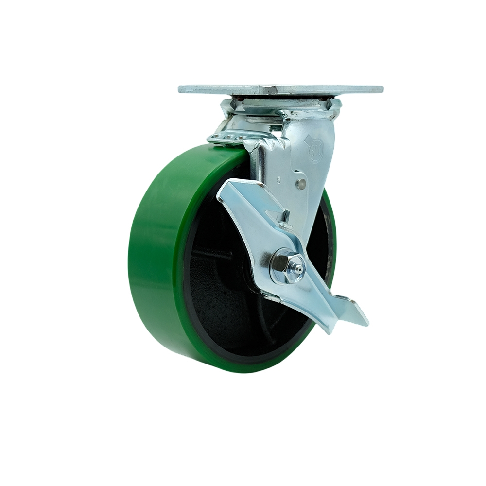 Polyurethane on Cast Iron Swivel Top Plate Heavy Duty Caster with 6 in. Green Wheel & Top Lock Brake - 1200 lbs Capacity per Caster