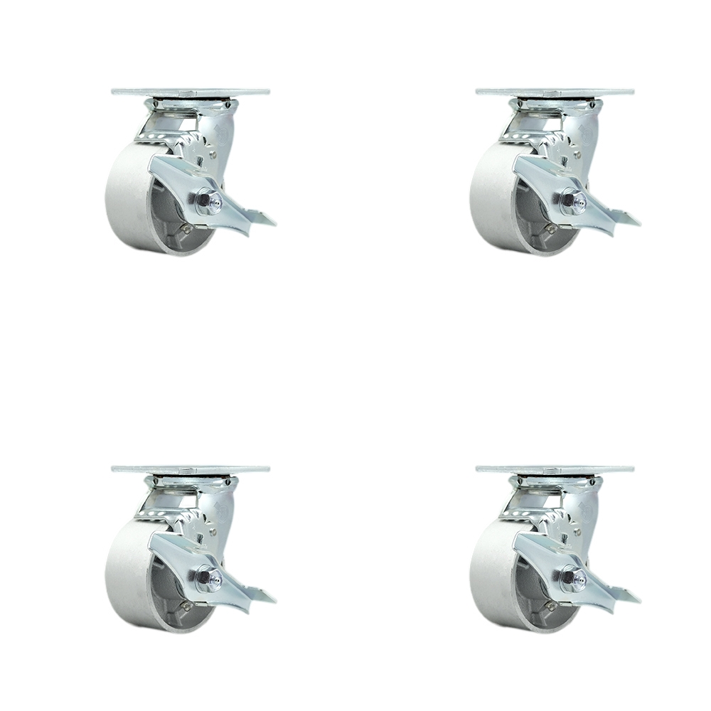 SCC-30CS420-SSR-TLB-4 Semi Steel Cast Iron Swivel Top Plate Casters, Heavy Duty with 4 in. Wheels - 4000 lbs Total Capacity - Set of 4