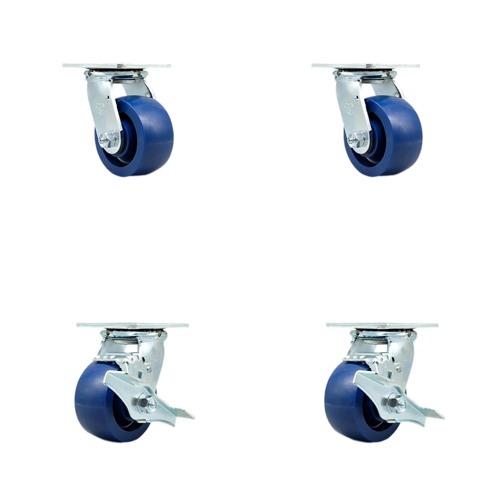 SCC-30CS420-SPUR-2-TLB-2 Solid Polyurethane Swivel Top Plate Casters, Heavy Duty with 4 in. Wheels - 2800 lbs Total Capacity - Set of 4