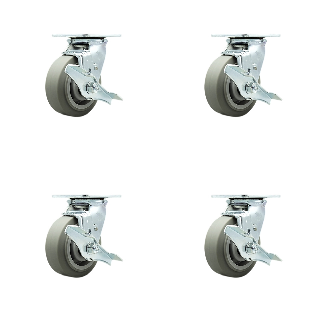 Thermoplastic Rubber Flat Tread Swivel Top Plate Casters, Heavy Duty with 5 in. Wheels - 1400 lbs Total Capacity - Set of 4