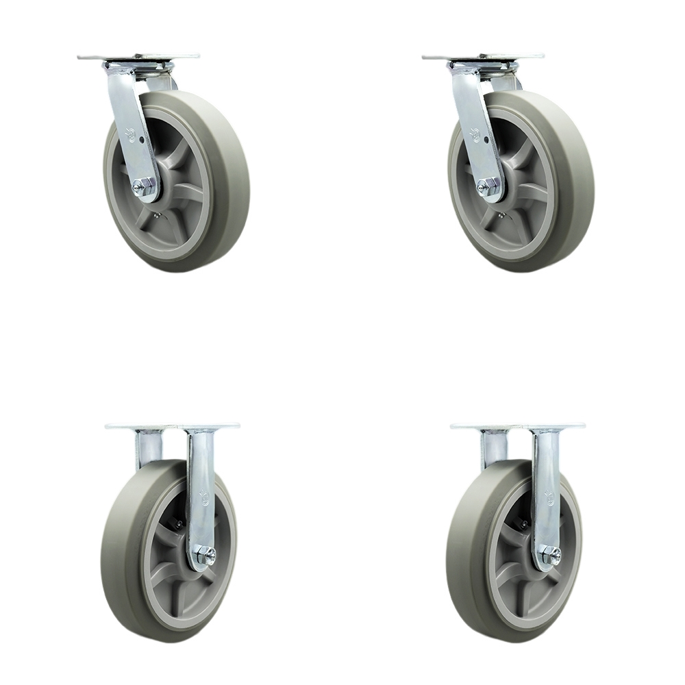 Thermoplastic Rubber Flat Tread Swivel Top Plate Casters, Heavy Duty with 8 in. Wheels - 2400 lbs Total Capacity - Set of 4