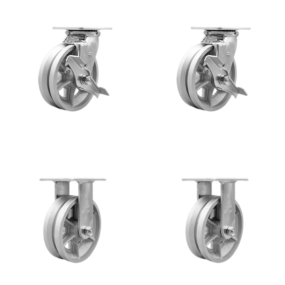 V Groove Semi Steel Cast Iron Swivel Top Plate Casters, Heavy Duty with 6 in. Wheels - 4800 lbs Total Capacity - Set of 4