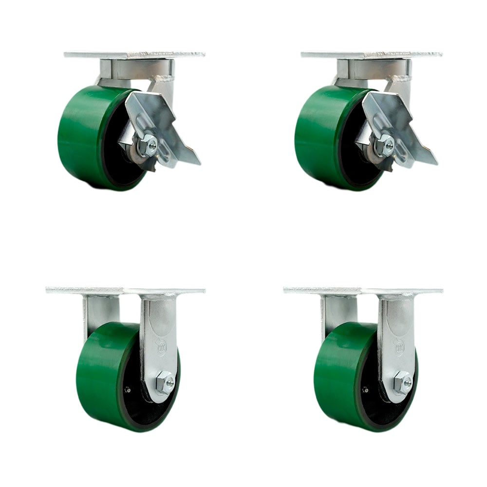 SCC-KP92S630-PUR-GB-SLB-BSL-2-R630-2 6 in. Swivel Top Plate Caster Set Extra Heavy Duty Casters with Green Poly on Cast Iron Wheels - Set of 4
