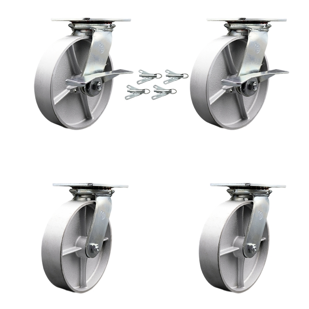 Heavy Duty Large Top Plate Semi Steel Swivel Caster with Maintenance Free Bearings with 8 x 2 in. Silver Wheels - Set of 4