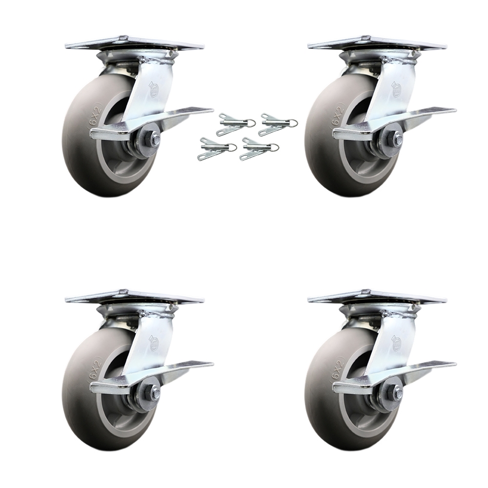 Heavy Duty Large Top Plate Thermo Rubber Donut Tread Swivel Caster with Maintenance Free Bearings with 6 x 2 in. Gray Wheels - Set of 4