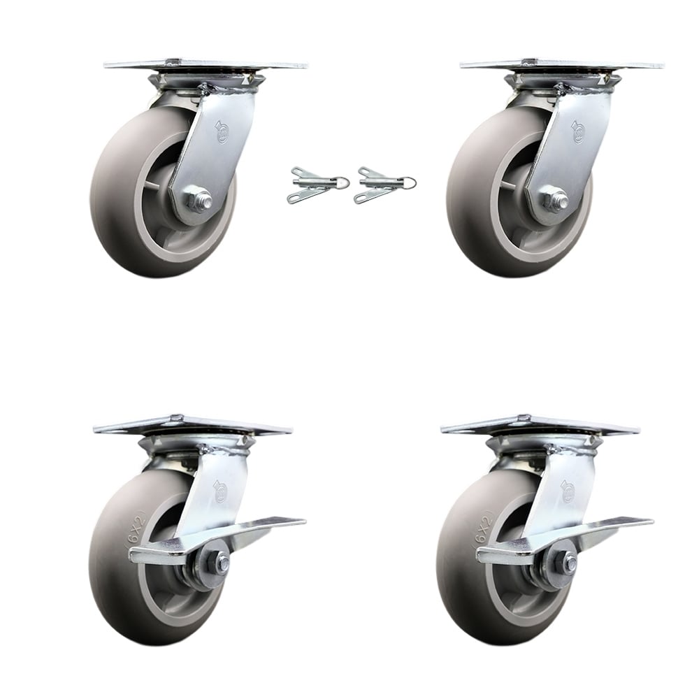Heavy Duty Large Top Plate Thermo Rubber Donut Tread Swivel Caster with Maintenance Free Bearings with 6 x 2 in. Gray Wheels - Set of 4