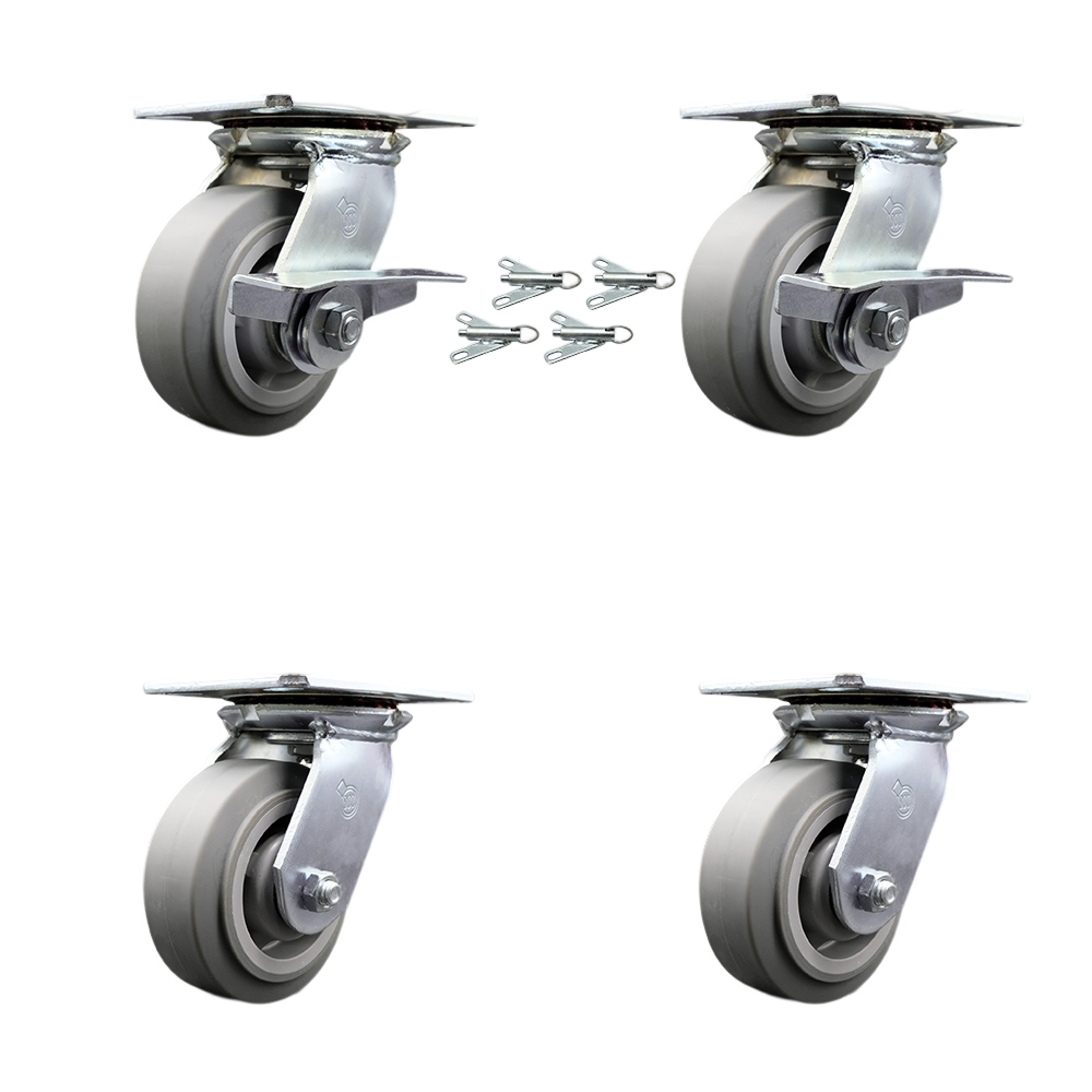 Heavy Duty Large Top Plate Thermo Rubber Flat Tread Swivel Caster with Maintenance Free Bearings with 5 x 2 in. Gray Wheel - Set of 4