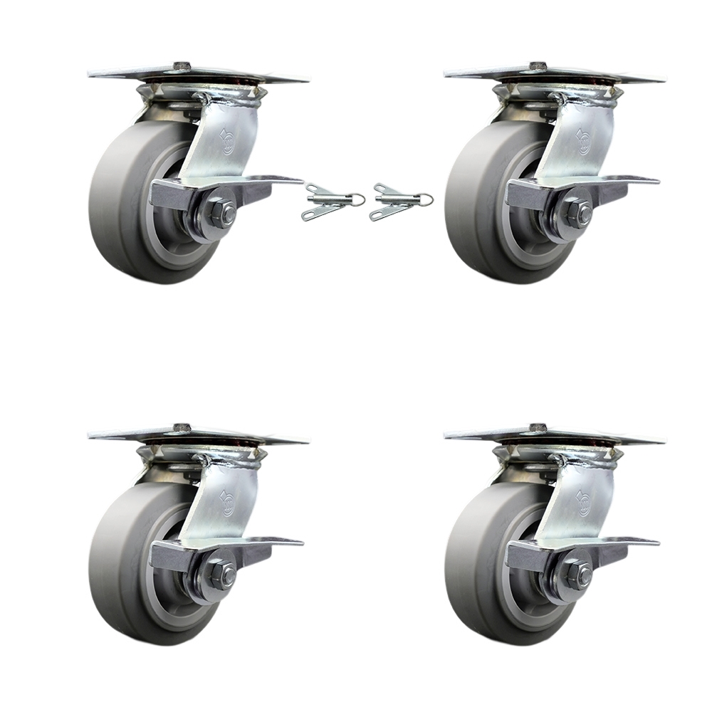 Heavy Duty Large Top Plate Thermo Rubber Flat Tread Swivel Caster with Maintenance Free Bearings with 5 x 2 in. Gray Wheels - Set of 4