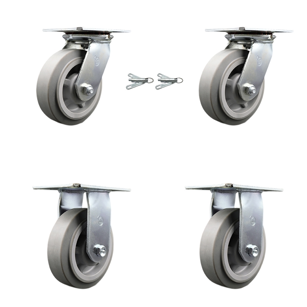 Heavy Duty Large Top Plate Thermo Rubber Flat Tread Swivel Caster with Maintenance Free Bearings with 6 x 2 in. Gray Wheels - Set of 4